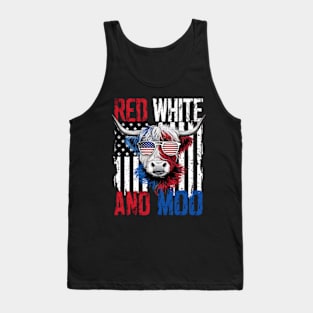 Red White and Moo Patriotic Cow USA Flag Funny 4th of July Tank Top